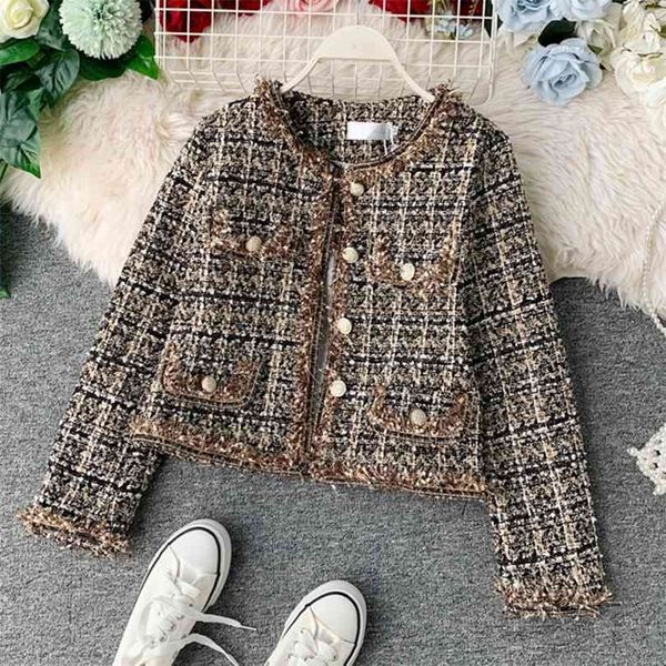 Herbst Winter Vintage Tweed Jacke Mantel Frauen Kleiner Duft Patchwork Koreanische Woll Kurzmäntel Elegante Kurze Oberbekleidung 210818