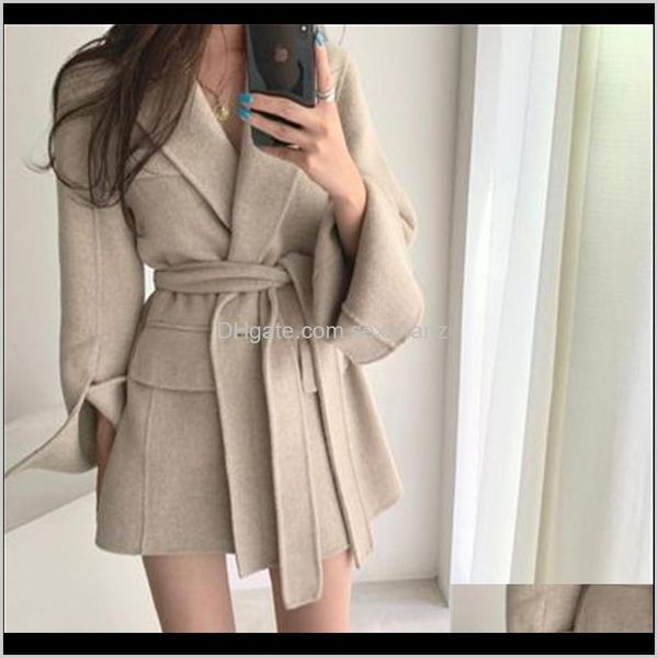 

wool blends outerwear coats clothing apparel womens solid color coat fall winter korean chic elegant belt flare sleeve thi, Black