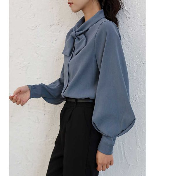 

women's blouses & shirts casual spring clothes for women vintage preppy style long lantern sleeve front bow tie collar button down, White