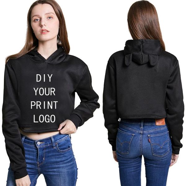 

women's hoodies & sweatshirts pullover sweet short hoodie oversized diy logo hooded sweatshirt kpop 2021 made customized cat ear long, Black