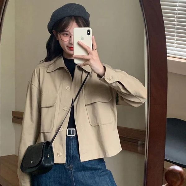 

women's jackets vintage basic women loose turn-down collar single-breasted streetwear cargo outwear spring autumn solid student crop to, Black;brown