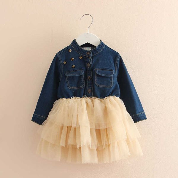 Primavera Outono 2 3 9 10 Anos 90 100 140cm Crianças Cute Lace Retalhos Completo Manga Comprida Bebê Meninas Denim Vestido com Glitter 210529