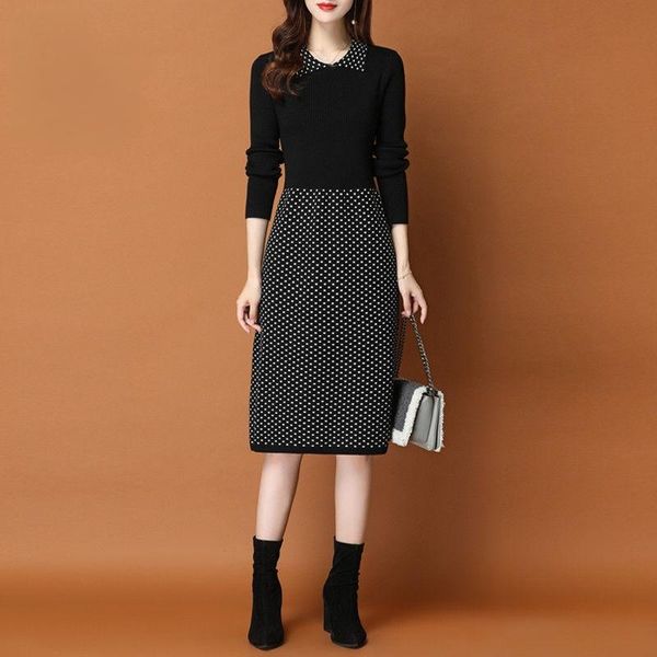 

casual dresses for women 2021 sweater dress fashion turndown collar long sleeve knitted female plus size x339, Black;gray