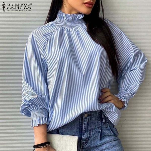 

women's blouses & shirts zanzea womens elegant blouse 2021 fashion striped tunic casual turtleneck work pullover female autumn office, White