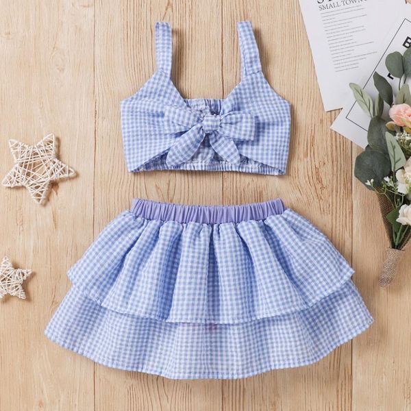 

pieces kids suit set, girls plaid v-neck sleeveless bowknot crop + short skirt for summer, 6 months-3 years clothing sets, White