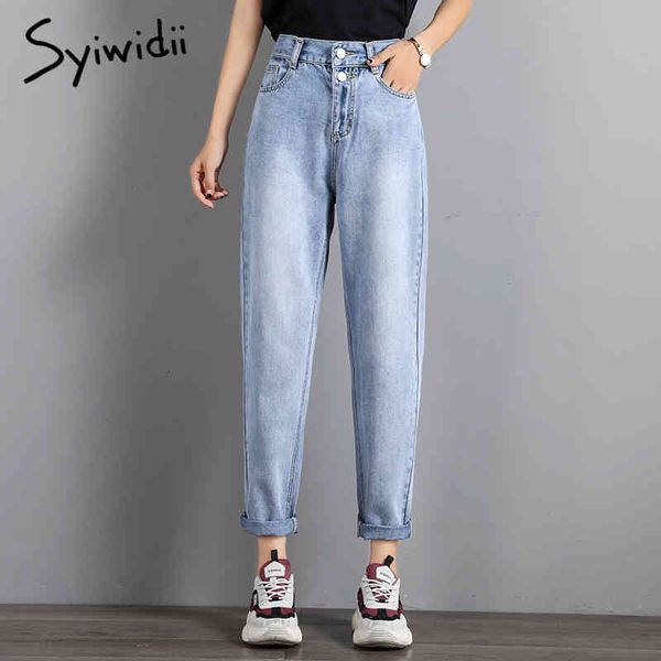 

high waist mom jeans women plus size elastic waist coated denim pants woman boyfriend jean sky blue gray street style fashion 210417