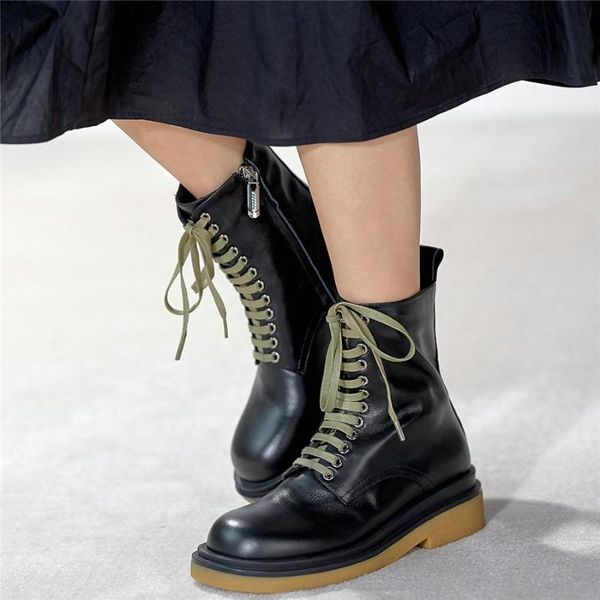 

boots punk oxfords shoes women lace up genuine leather low heel riding female high round toe platform creepers casual, Black