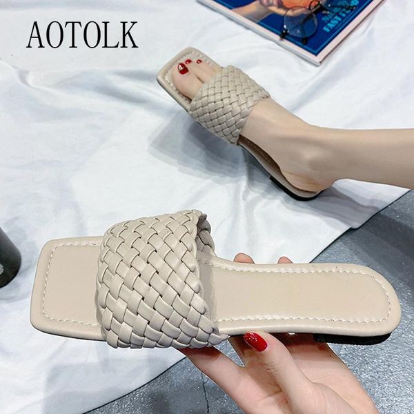 

slippers summer women square toe woven beach ladies sandals shoes outside slides large size 35-40 2021 arrival, Black
