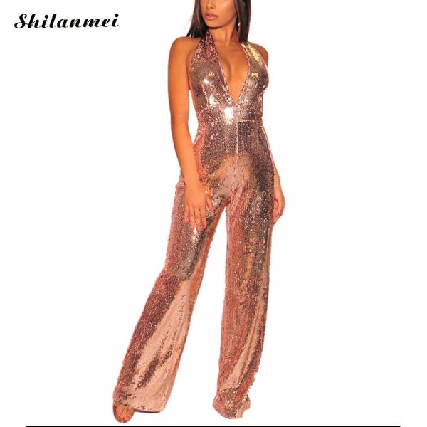 

women's jumpsuits & rompers gold sequin women 2021 deep v halter female jumpsuit shining club ladies fashion slim long playsuits, Black;white