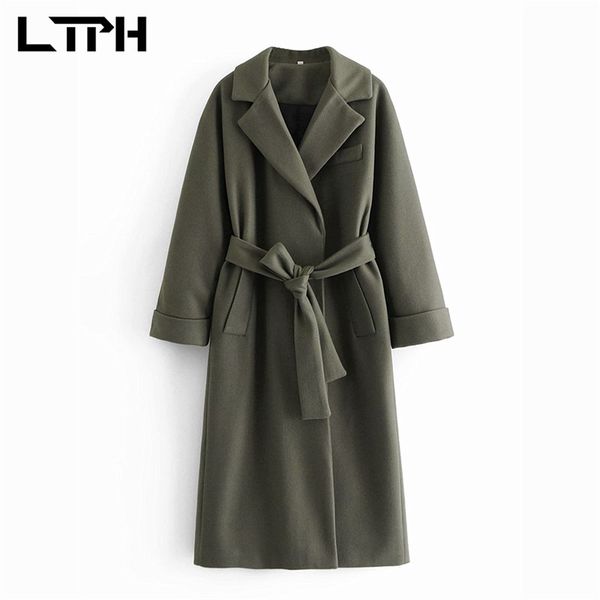 

vintage simple long solid color woolen coats loose all-match chic jacket coat sashes slim elegant outerwear winter 210427, Black