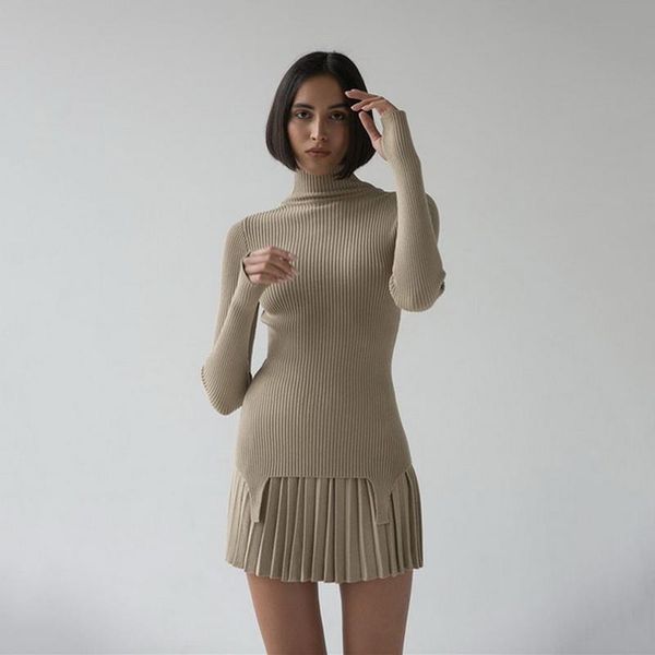 

casual ladies long sleeves turtleneck dresses for women autumn spring 2021 black white fashion, Black;gray