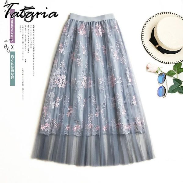 

floral embroidery skirts women a-line lace mesh elegant long pleated for midi female korean 210514, Black