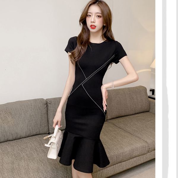 

casual dresses classic black girl summer 2021 elegant french style thin hip trumpet bundle mermaid, Black;gray