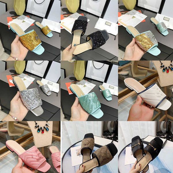 

box 2021 summer beach fashion designerslipper,slippers lazy low heel leather ladies cartoon luxury metal slippers size 36-41, Black