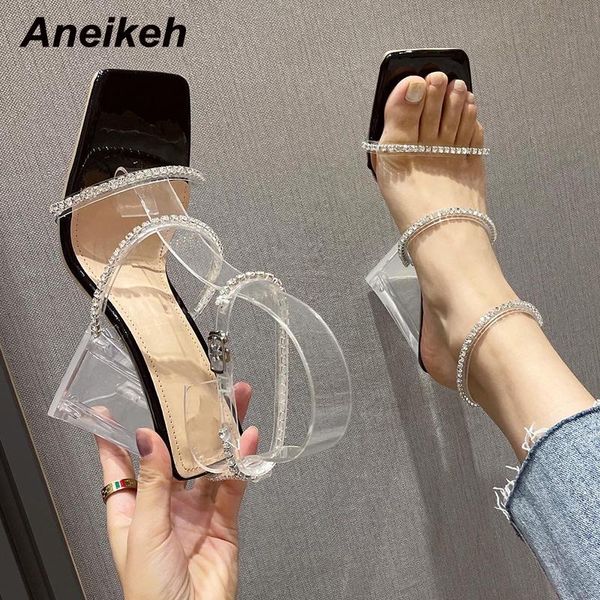 

sandals aneikeh design sense shallow crystal summer shoes for women fashion trends pvc high heels 2021 buckle strap de las mujer, Black