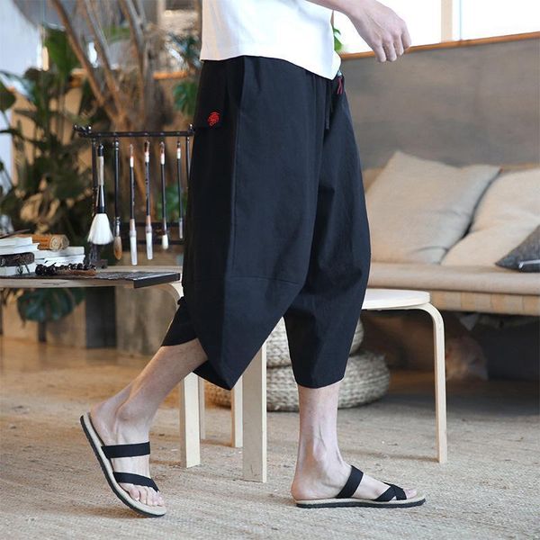 

spring summer men's chinese style large size cropped pants loose bloomers wide-leg casual shorts, Black