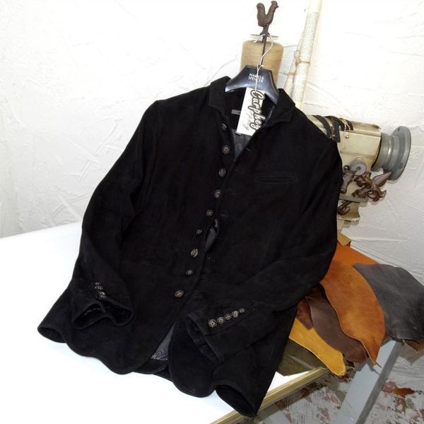 

men's leather & faux multi-button designer satisfied work suit with collar and cuffs goat suede genuine clothes, Black