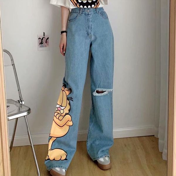 

diyig spring retro cartoon women capri garfield loose jeans hole design straight pants, Black;white