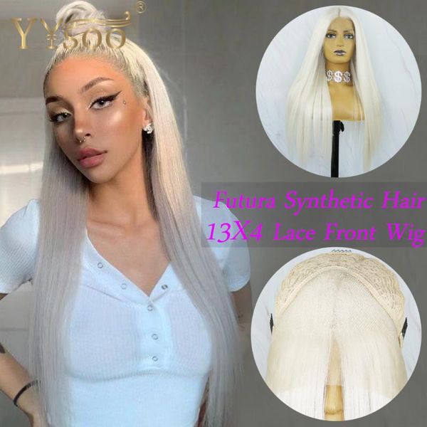 

yysoo long 13x4 synthetic hair lace front wigs 60# color futura japan heat resistant fiber silky straight white grey wig, Black