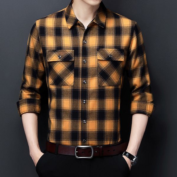 

2021 spring autumn plaid long sleeve men's non ironing slim fit shirt double pocket middle-aged and young men's fashion, Black