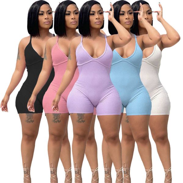 

designer summer women sling jumpsuits solid color sleeveless deep v-neck shorts sports rompers club tight fashion overalls pants, Black;white
