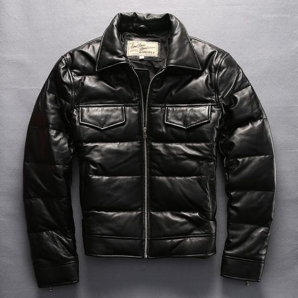 

genuine 2021 men's leather down mandarin collar fashion casual locomotive sheepskin pilot jackets winter russia coats & faux, Black