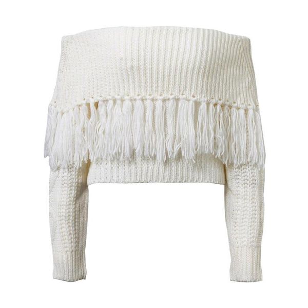 

women's sweaters spring autumn fashion pullover slash neck casual female sweater cute solid tassel short woman, White;black