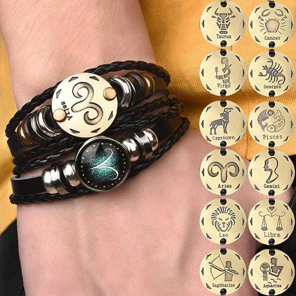

2pcs/set 12 constellation bracelets luminous charm leather bracelet zodiac horoscope braided bangle men women jewelry wrist gift, Black