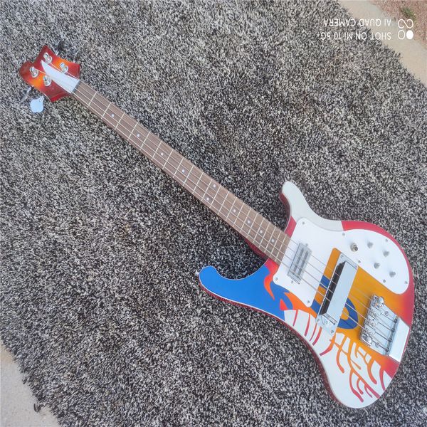 

four string bass cherry red guitar, customizable, chrome plated metal hardware