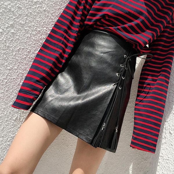 

skirts 2021 spring and autumn high waist was thin pu leather skirt female a word package hip, Black