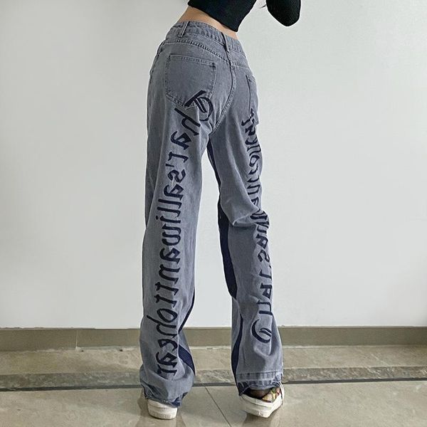 

women's jeans women straight wide leg denim high waist relaxed fit letter embroidery pants ladies spring autumn wear, Blue