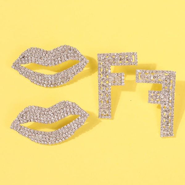 

jouval luxury crystal big mouth lips f letter stud earrings for women punk rhinestone ear studs female fashion jewelry brincos, Golden;silver