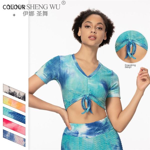 

high elastic gym yoga women workout tie dye print shirts running breathable short sleeve t-shirts fitness sportwear outfit