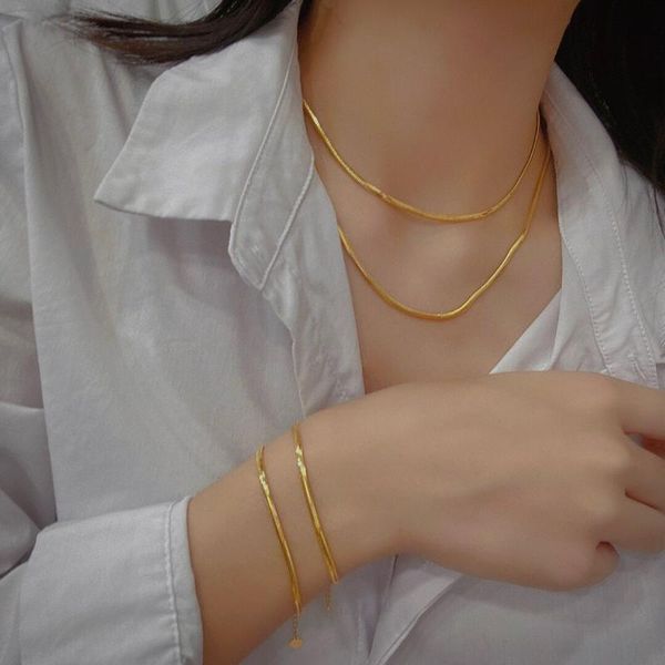

chains ins style 18k real gold is not afraid of folding snake bone chain italian imported craft au750 necklace bracelet versatile, Silver