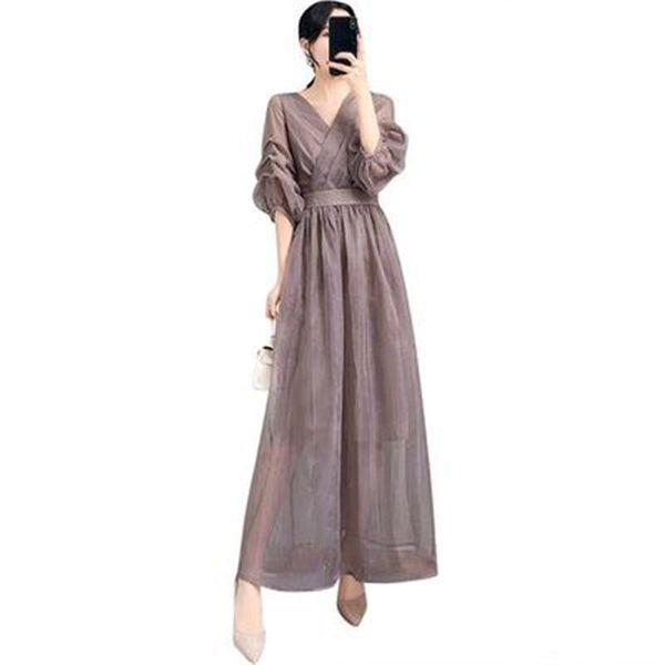 

casual dresses spring autumn women's long dress v-neck lantern sleeve mesh female ol plus size lady vestido vintage slim clothes, Black;gray
