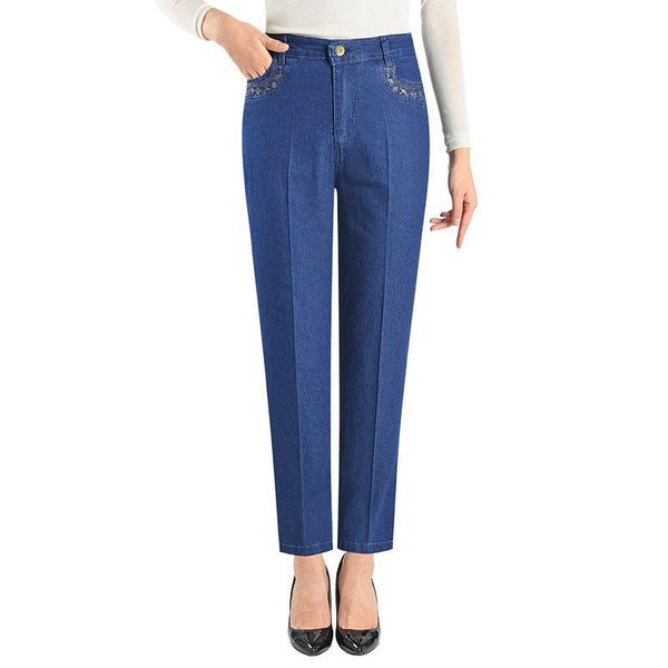 

size 28-40 middle-aged women's high waist jeans spring summer embroidery denim pants loose female straight casual trousers, Blue