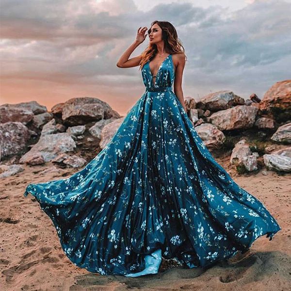 

luxury evening dress women's summer deep v sleevels suspender printed, Black;gray