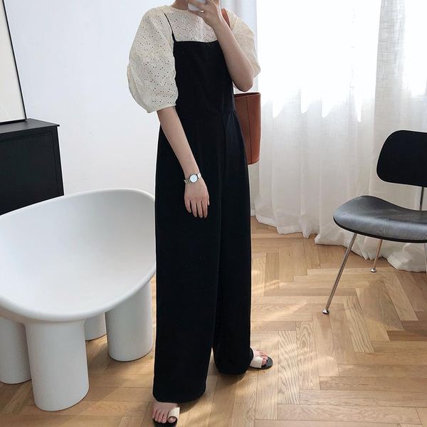 

women's jumpsuits & rompers 2021 vintage women jumpsuit summer casual streetwear wide leg bodysuit back zipper black gray loose female, Black;white