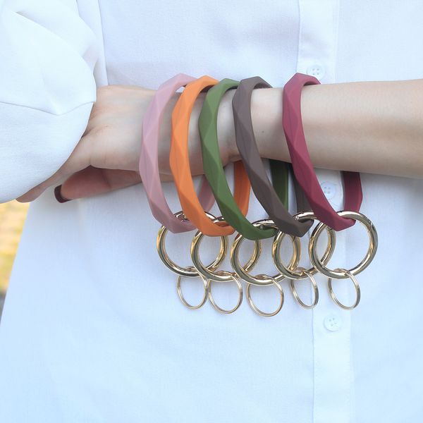 

o silica gel wear bracelet keychain for girls jewelry gifts trendy simple circle wristlet keychains bangle unisex, Red;brown