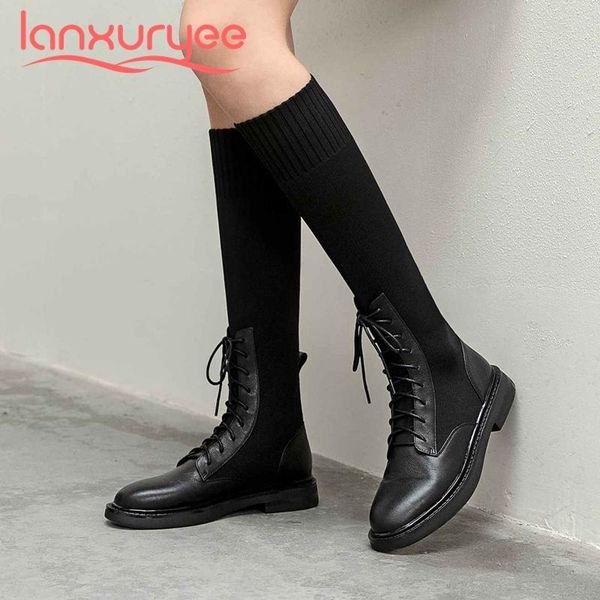 

boots lanxuryee sock real cow leather knitting patchwork preppy style round toe thick low heel lace up dress knee high l90, Black