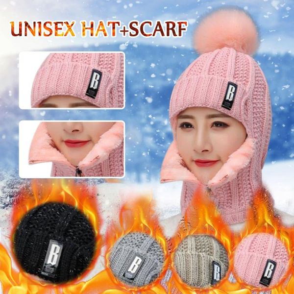 

berets 2021 pink womens earmuffs add flocking thermal cycling ski cap & scarf set warm winter hat knitting skullies beanies, Blue;gray