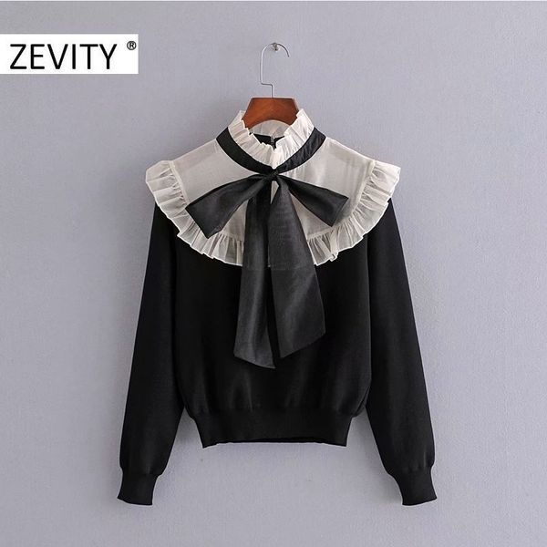 

zevity women high street agaric lace patchwork knitting sweater female long sleeve bow tied casual slim chic pullovers s418 210419, White;black