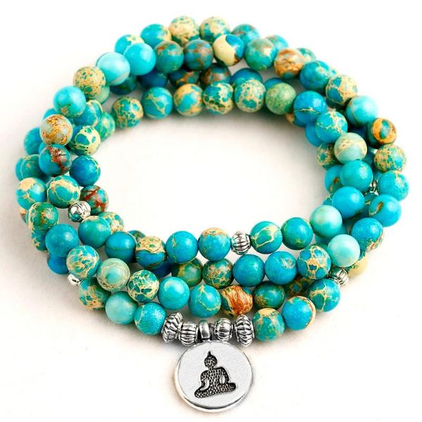

beaded, strands natural stone beads blue sea sediment bracelet men lotus buddha om charm necklace elastic rope bracelets 108 mala jewelry, Black