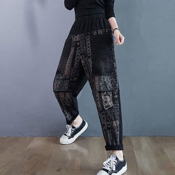 

women's jeans arrival 2021 autumn winter korean vintage style print loose female high waist denim pants women casual boyfriend, Blue