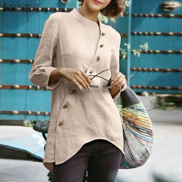 

women's blouses & shirts women autumn 2021 fashion irregular button tunic lady cotton linen short sleeve zanzea retro solid long blusa, White