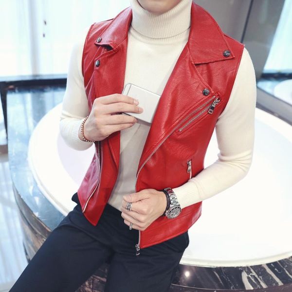 

men's vests nightclub costumes leather vest diagonal zipper sleeveless slim locomotive singer, Black;white
