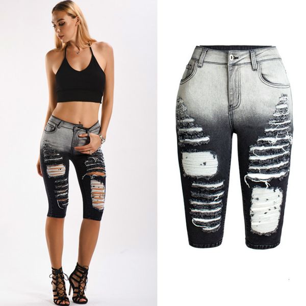 

women's jeans logami black knee length ripped for women summer moto&biker shorts destroyed midi pencil denim woman 8yyx, Blue