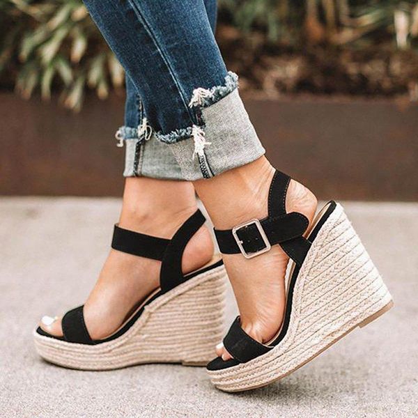 

dress shoes women platform sandals peep toe high wedges heel ankle buckles sandalia espadrilles female size 35-43, Black