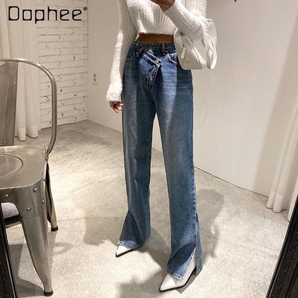 

early spring korean ins retro asymmetric high-waisted trousers-leg split jeans for women women's, Blue