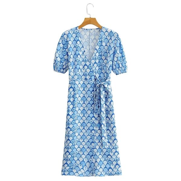 

fashion women geometry print cross v neck midi wrap dress female short sleeve clothes lady loose vestido d7183 210430, Black;gray